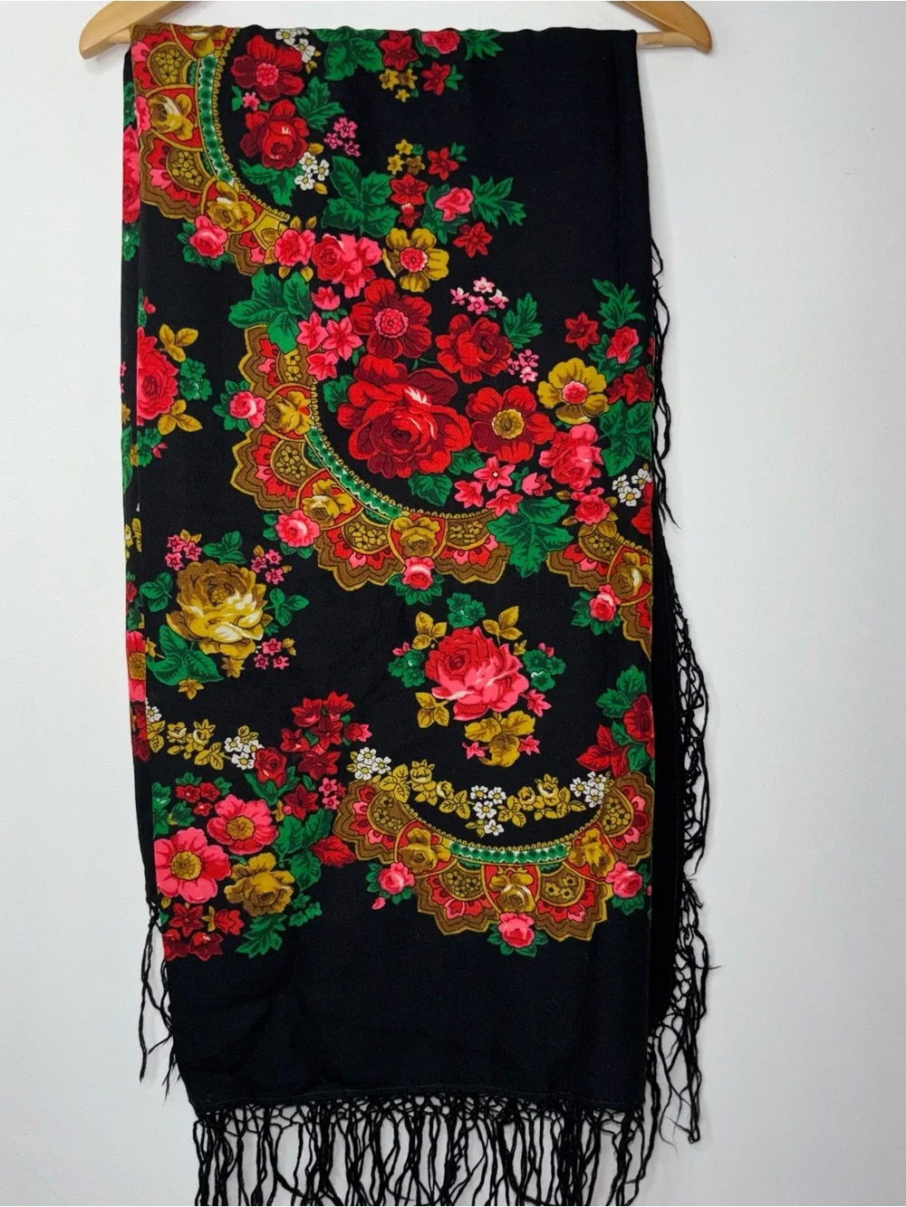 Vintage Russian Wool Floral Shawl Black Floral 52